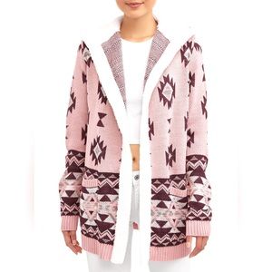 No Boundaries Womens’ Printed Sherpa Hood Cardigan